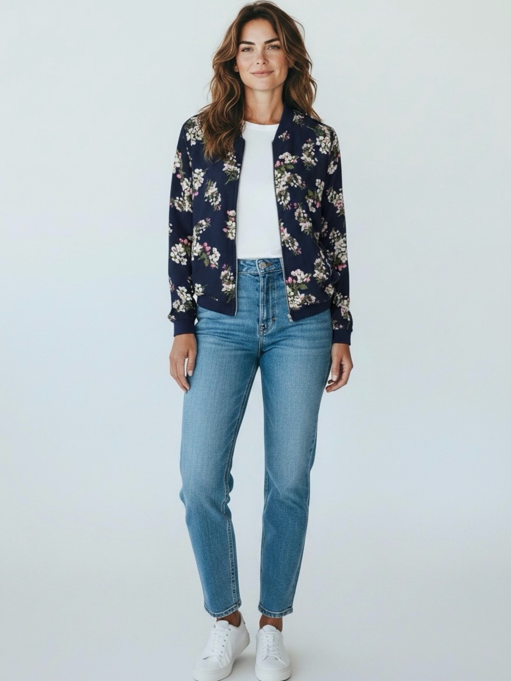 Vero Moda NWT floral zip front navy causal chic long sleeve bomber jacket large